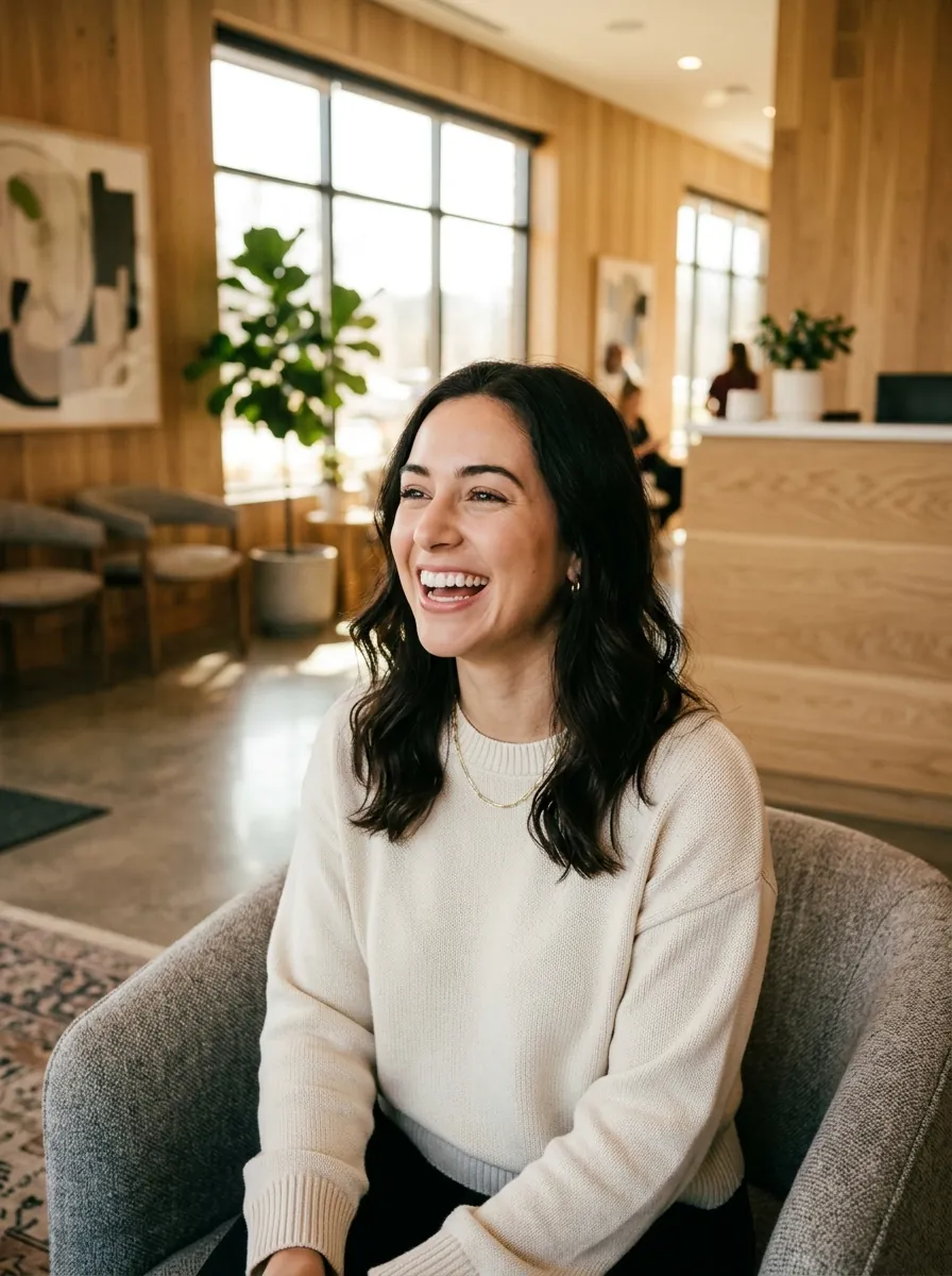 Candid warm portrait of a person laughing naturally